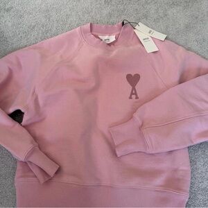 Ami Pink Heart Logo Crew Neck Sweater